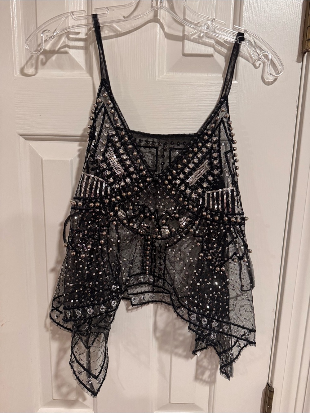 Black Sheer Sequin & Stud Embellished Handkerchief Hem Top One Size